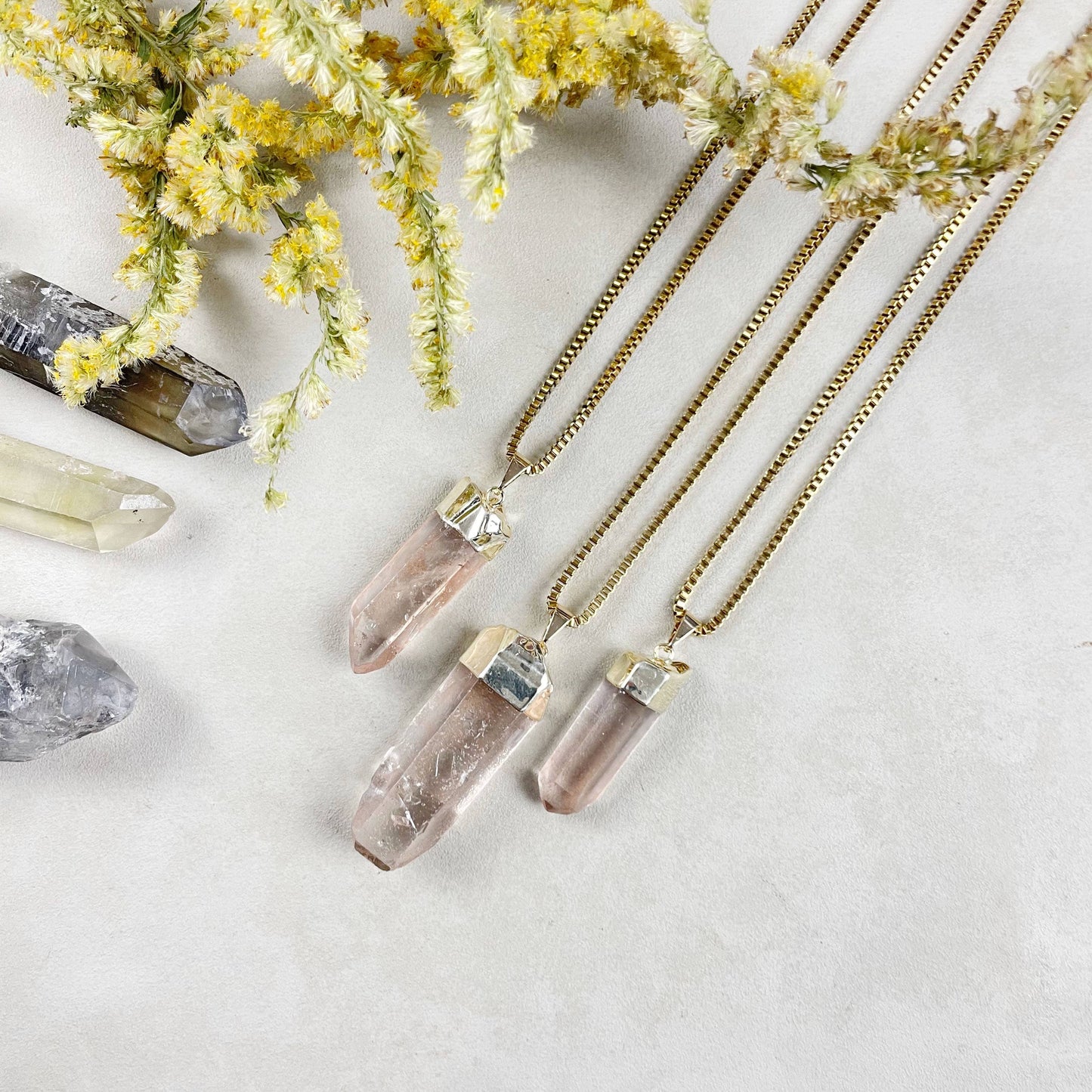 Gold Pink Lemurian Quartz Point Necklace