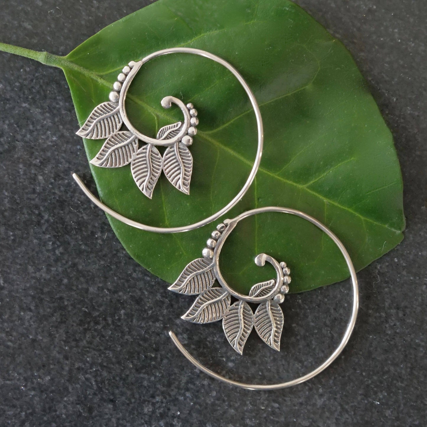 Sterling Silver Leaf Spiral Earring