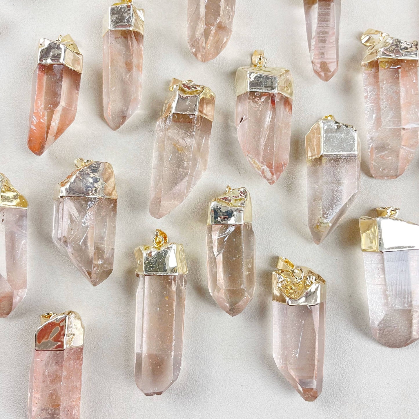 Gold Pink Lemurian Quartz Point Necklace