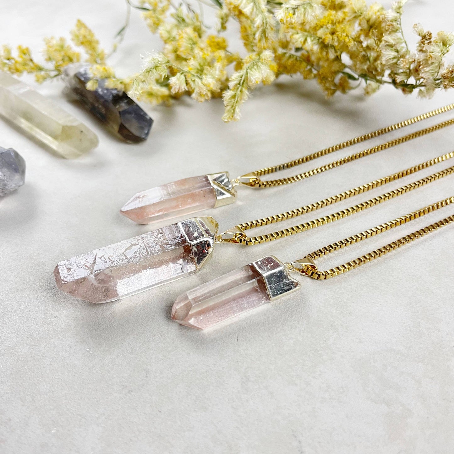 Gold Pink Lemurian Quartz Point Necklace