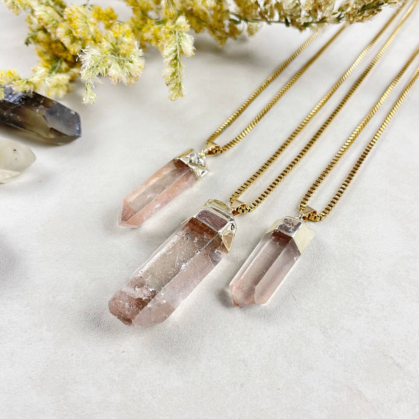 Gold Pink Lemurian Quartz Point Necklace
