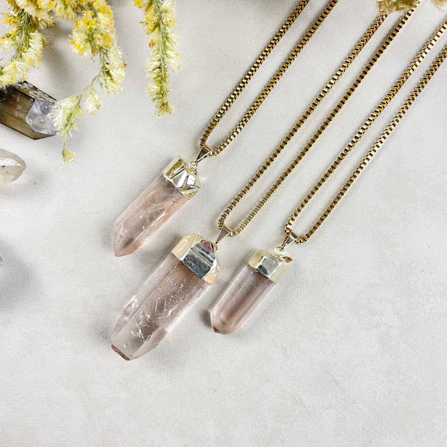Gold Pink Lemurian Quartz Point Necklace