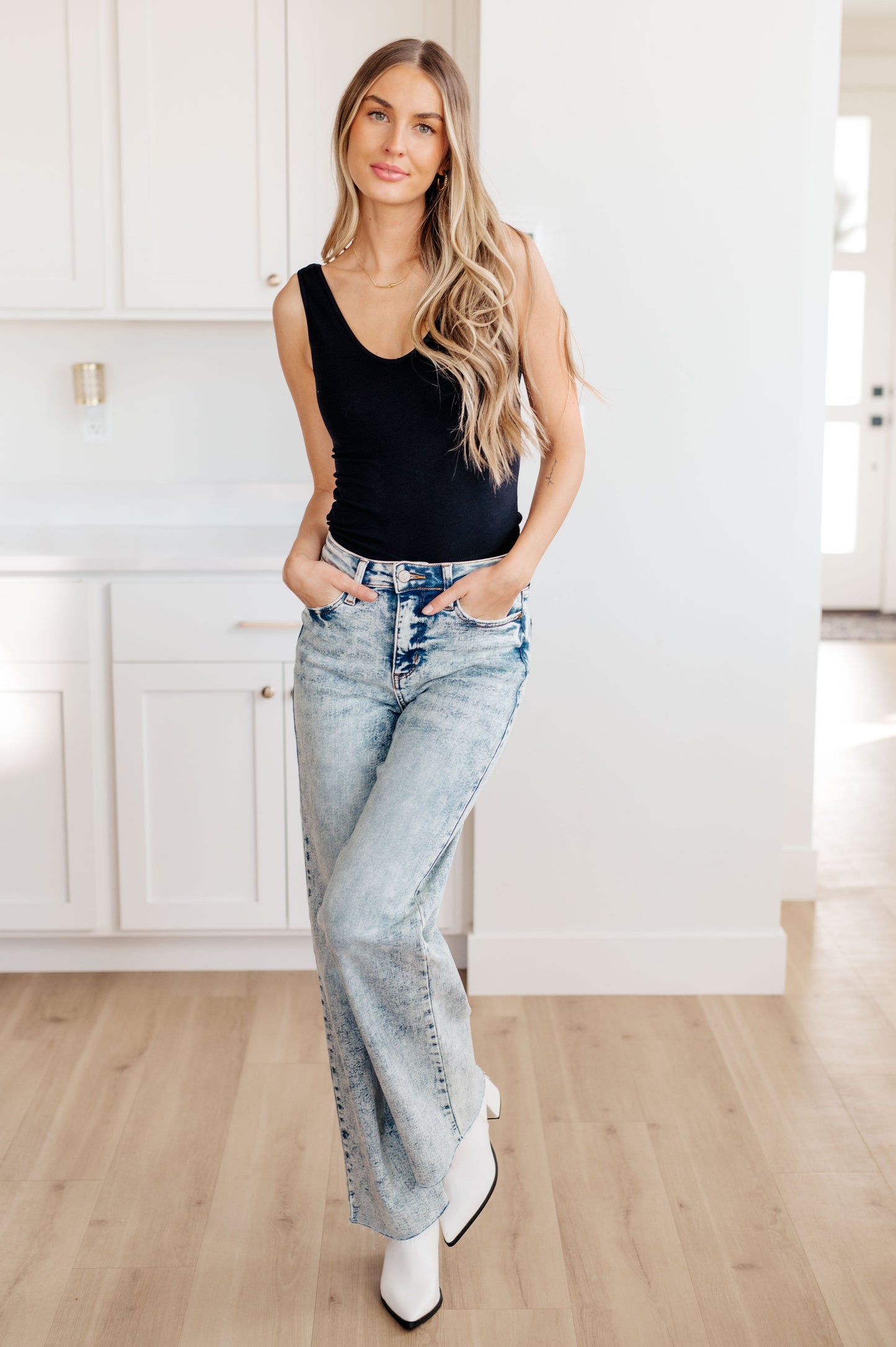 Judy Blue - Dory High Waist Mineral Wash Raw Hem Wide Leg Jeans
