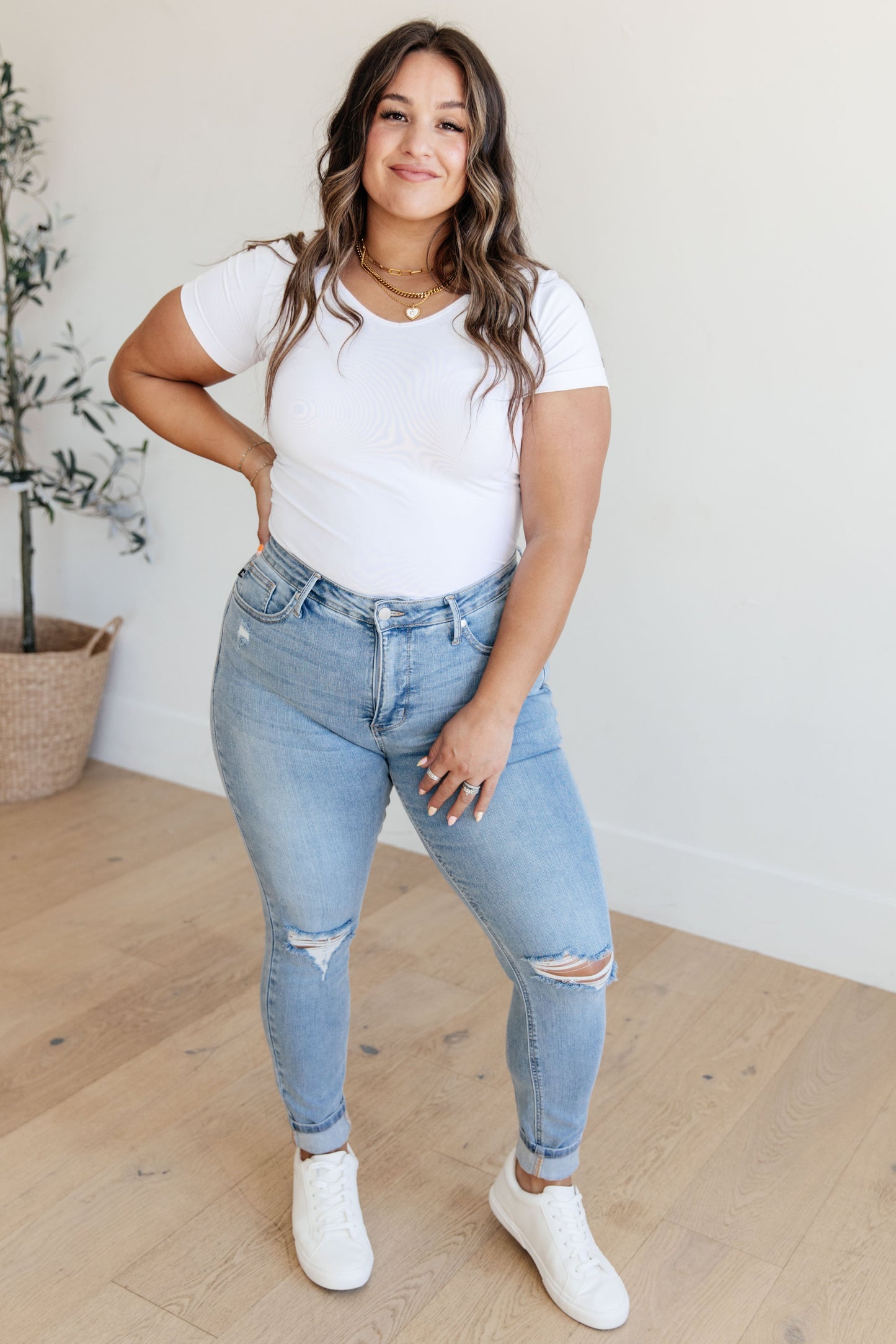 Judy Blue - Eloise Mid Rise Control Top Distressed Skinny Jeans