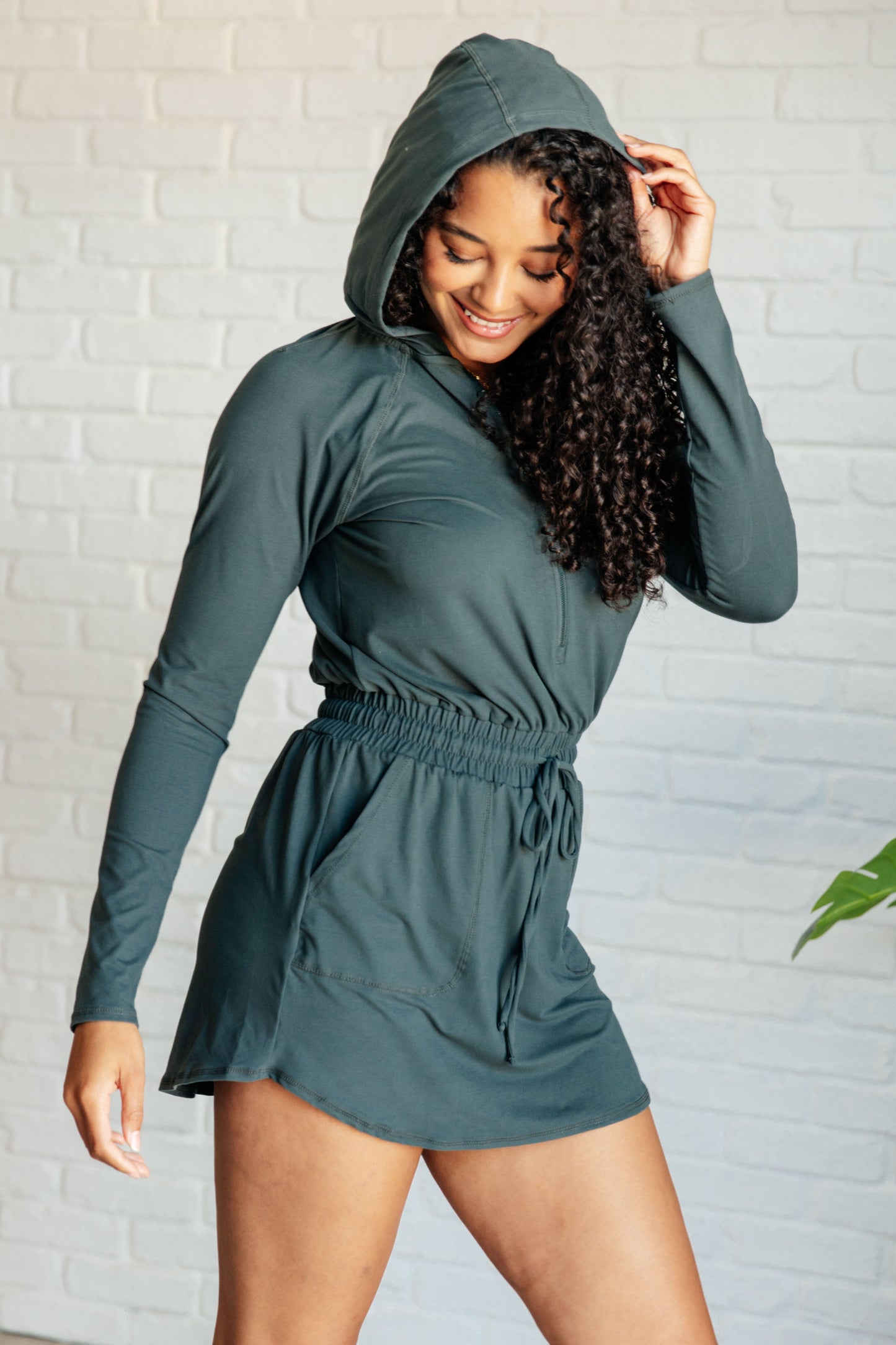 Long Sleeve Hoodie Romper in Smoked Spruce