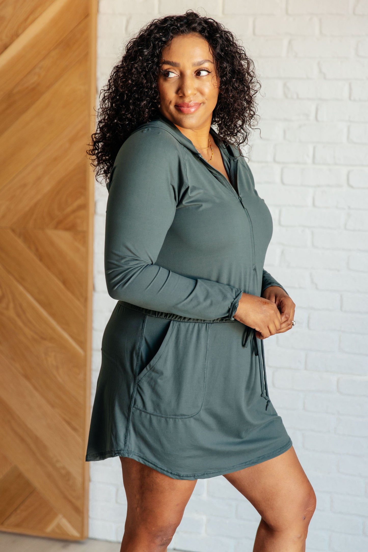 Long Sleeve Hoodie Romper in Smoked Spruce