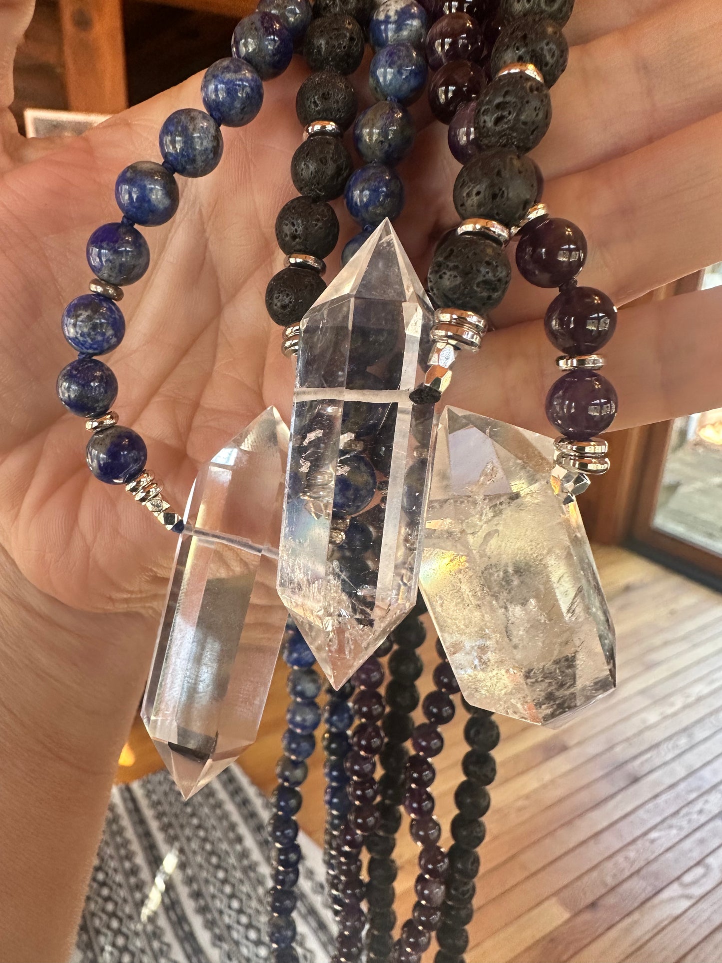 Quartz Crystal Power Necklace - Lapis Lazuli, Amethyst, Lava Stone
