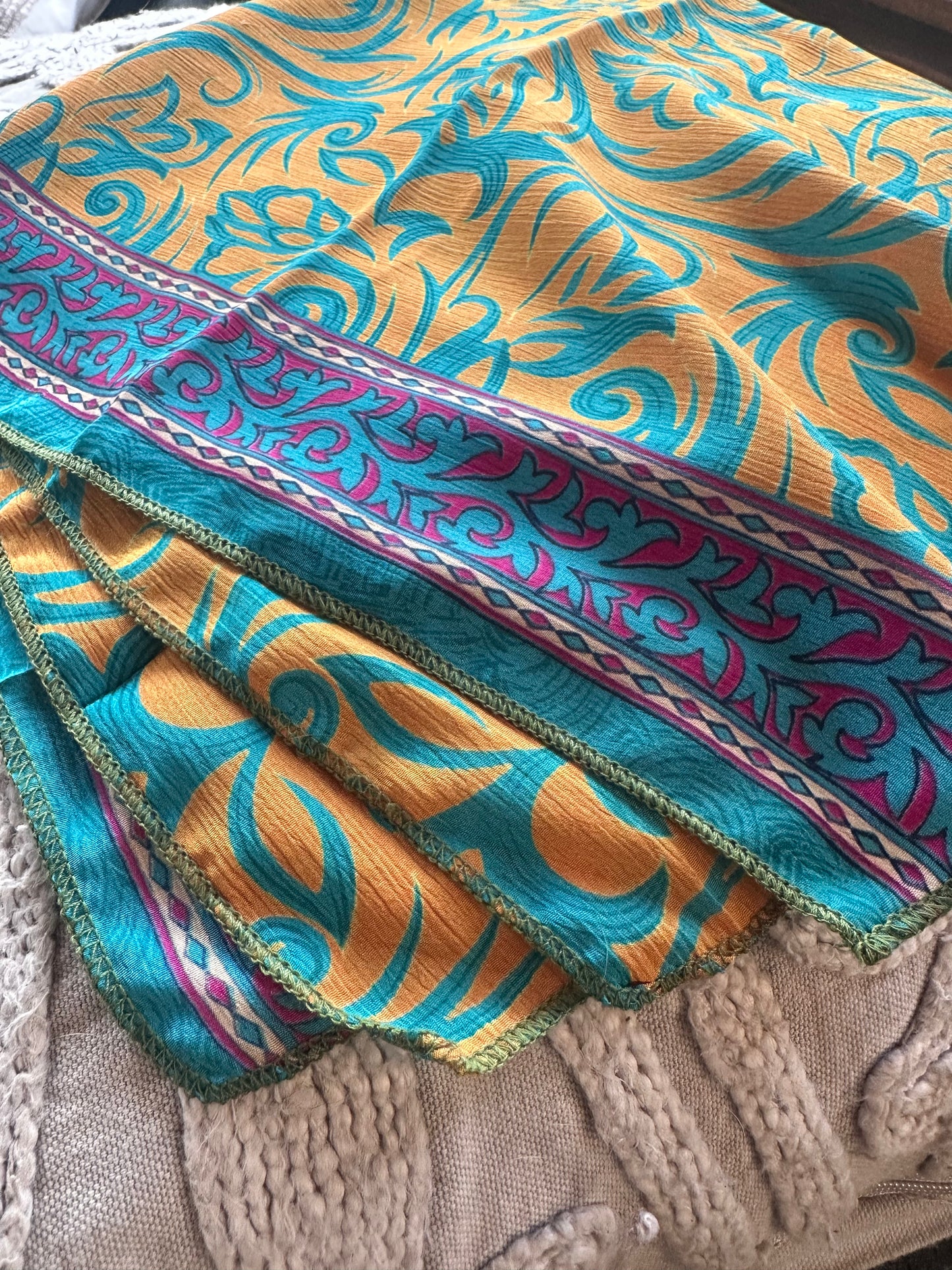 Upcycled Silk Bandana - Turquoise & Gold