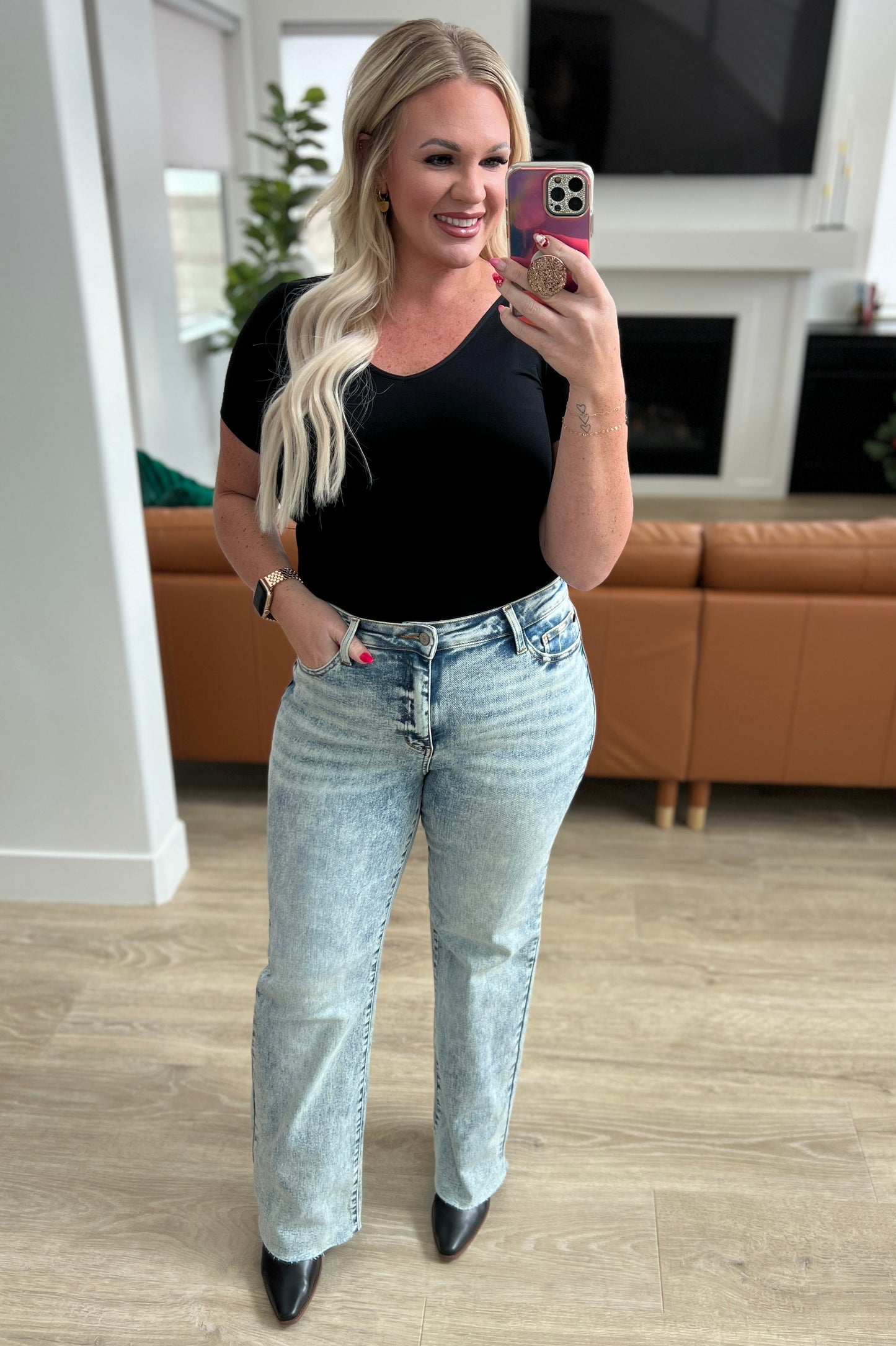 Judy Blue - Dory High Waist Mineral Wash Raw Hem Wide Leg Jeans