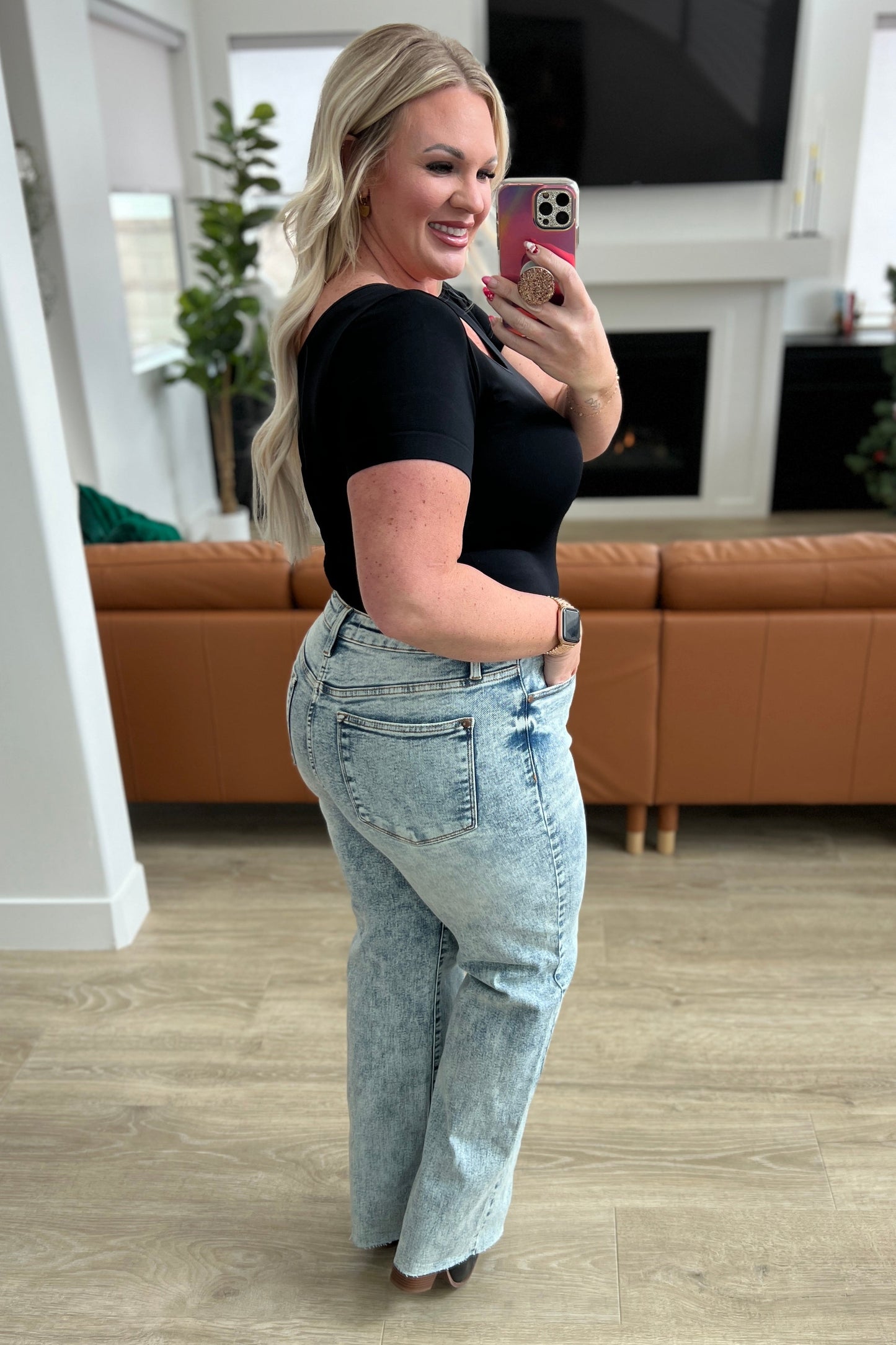 Judy Blue - Dory High Waist Mineral Wash Raw Hem Wide Leg Jeans