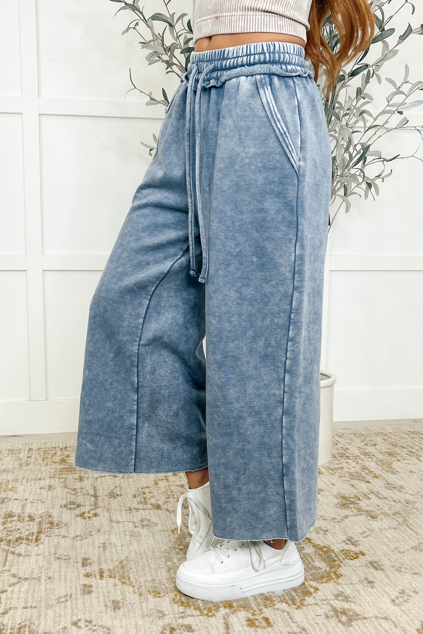 Wide Leg Cropped Pants Blue Grey