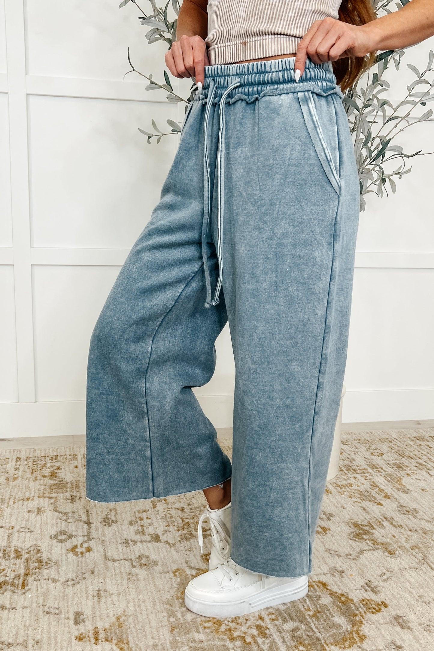 Wide Leg Cropped Pants Dusty Blue