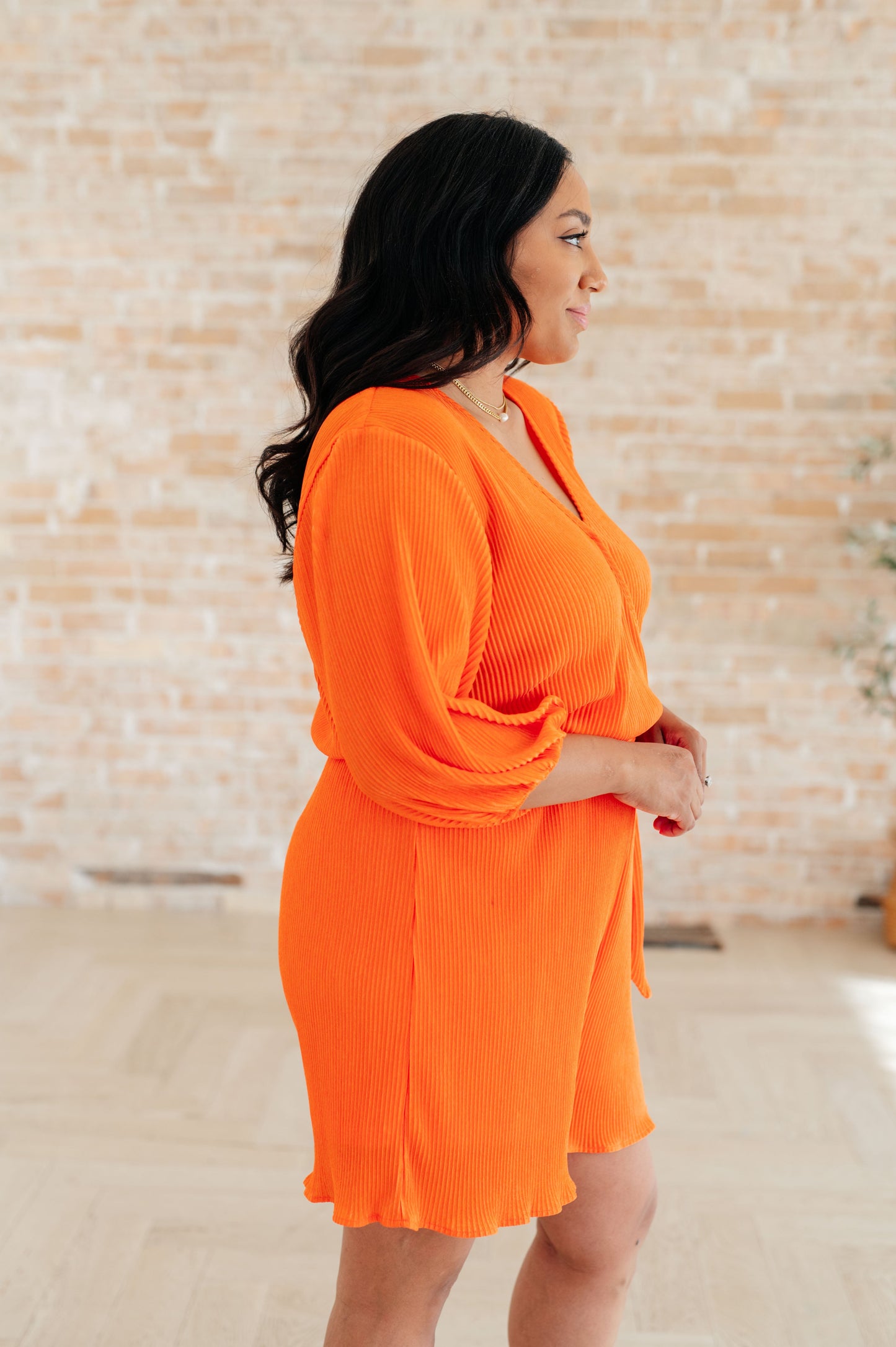 3/4 Sleeve Short Romper in Tangerine