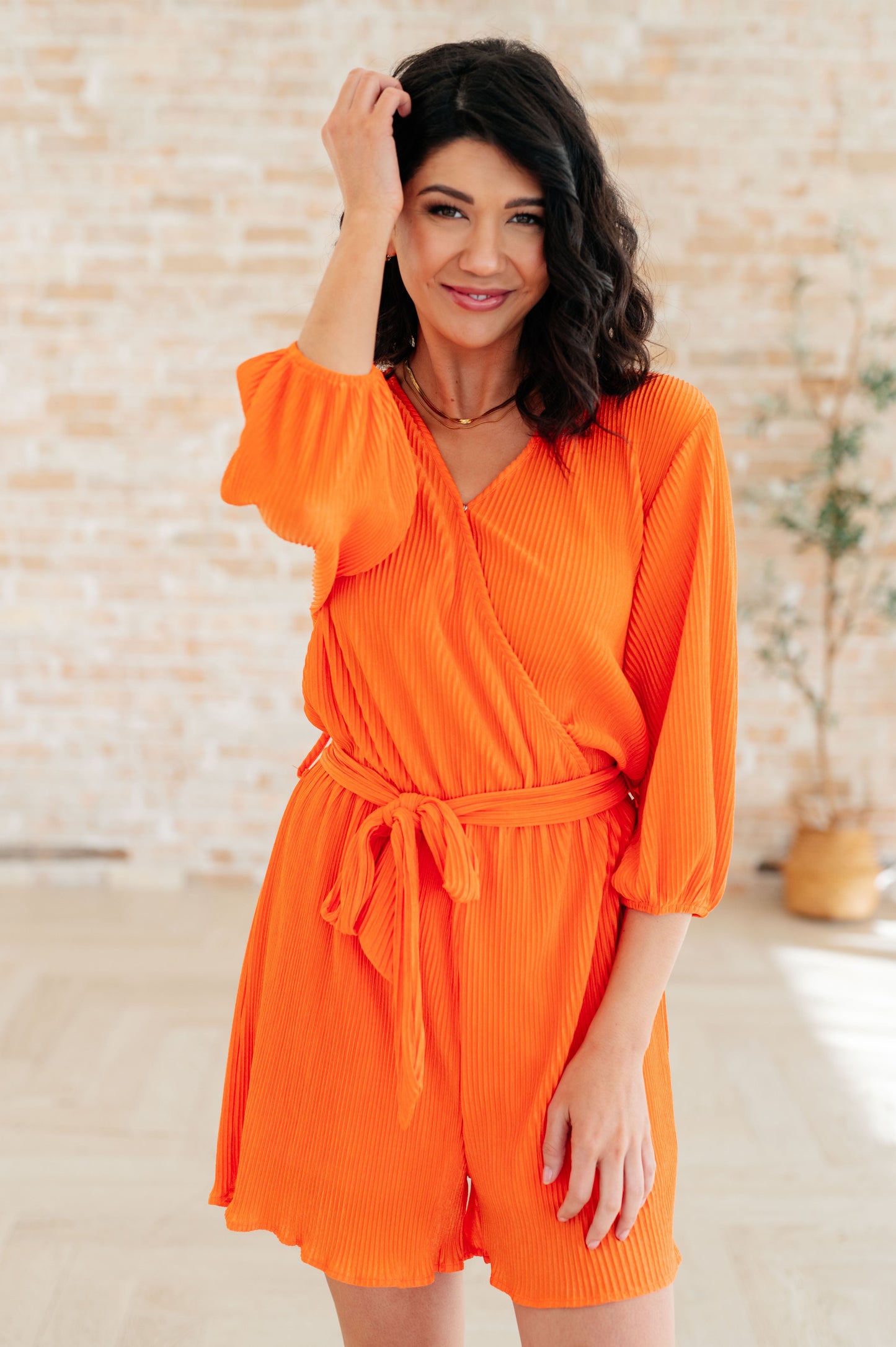 3/4 Sleeve Short Romper in Tangerine