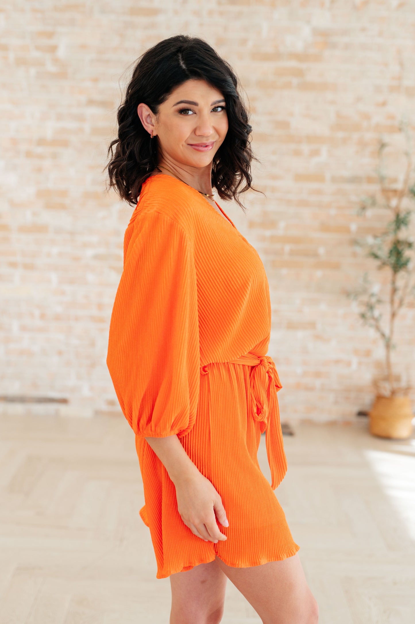 3/4 Sleeve Short Romper in Tangerine