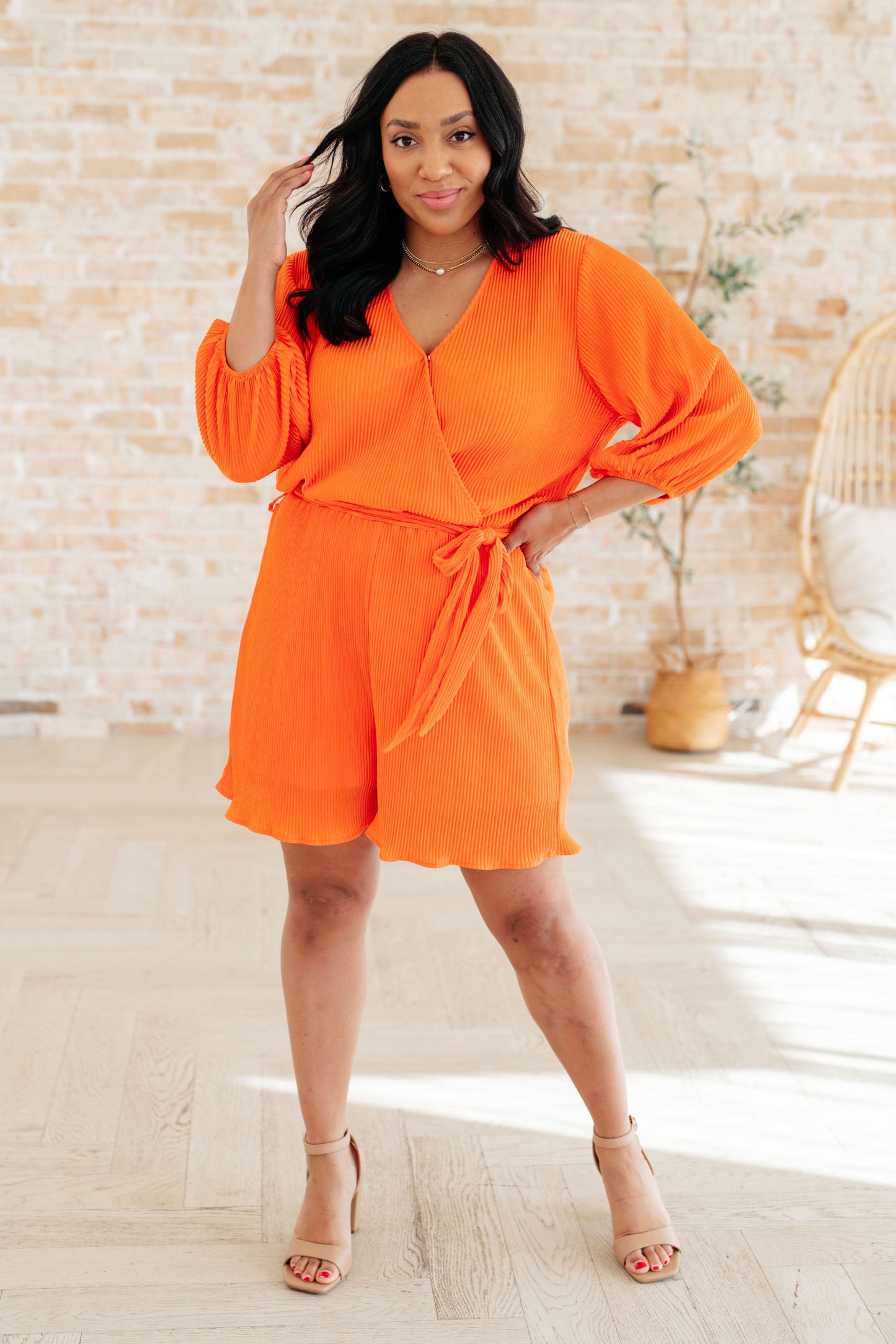 3/4 Sleeve Short Romper in Tangerine