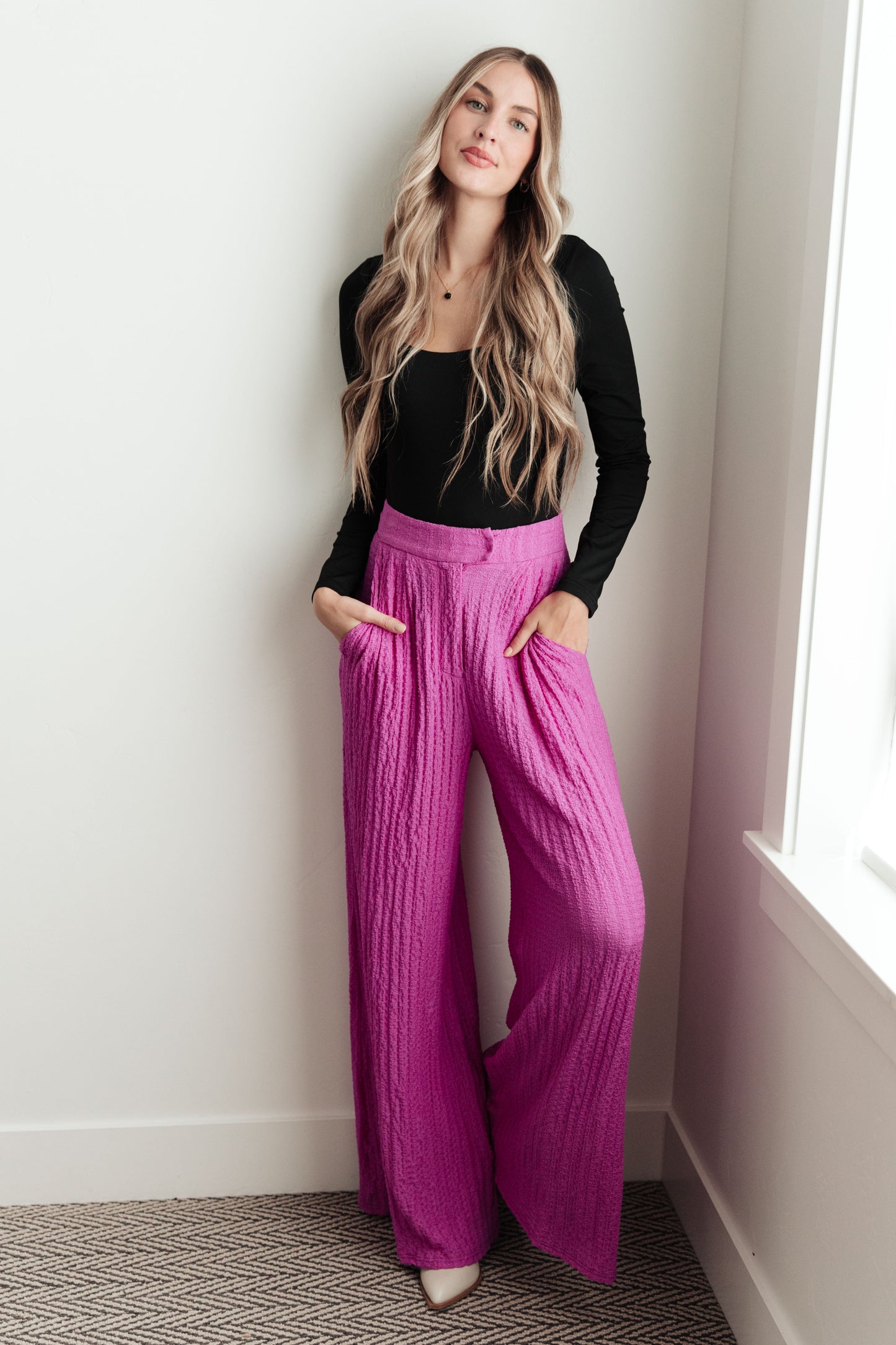 Davi & Dani Crinkle Wide Leg Pants in Hot Pink