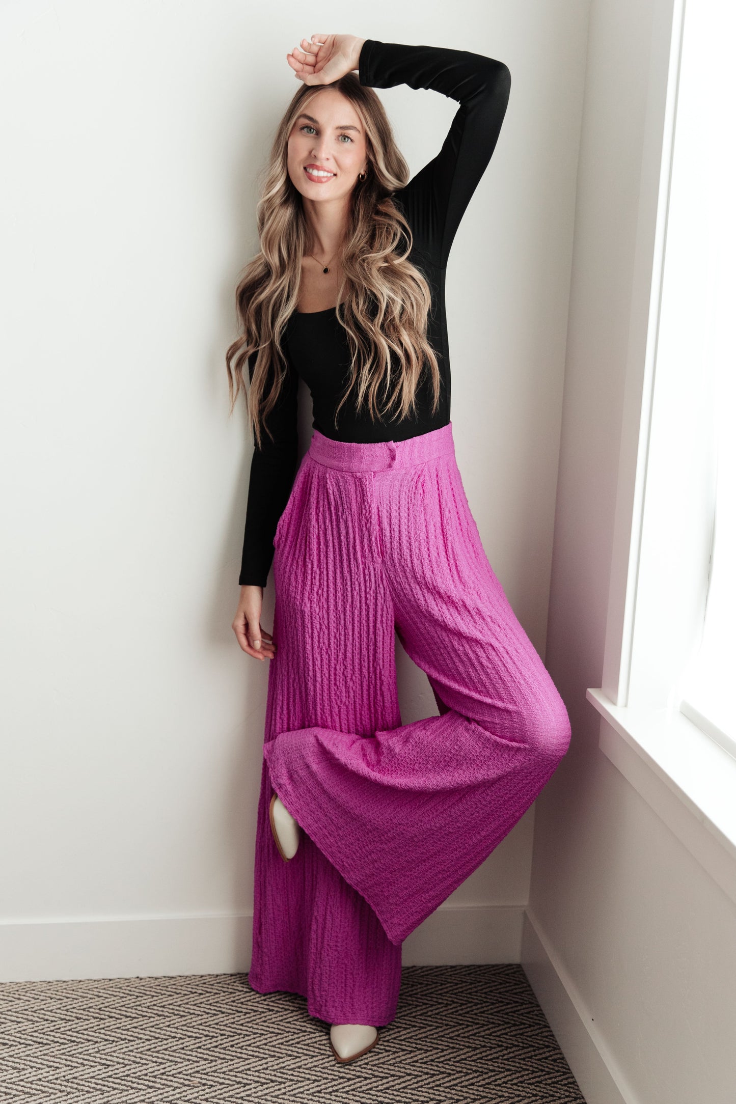 Davi & Dani Crinkle Wide Leg Pants in Hot Pink