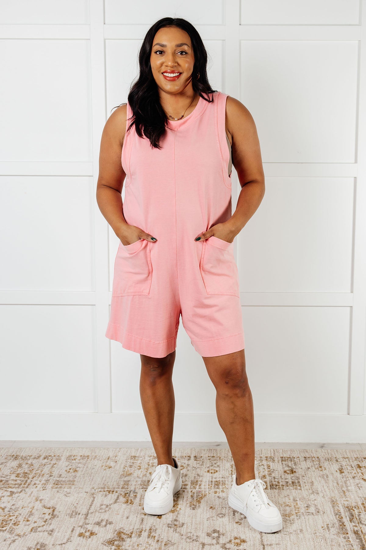 Mineral Wash Romper in Coral Pink