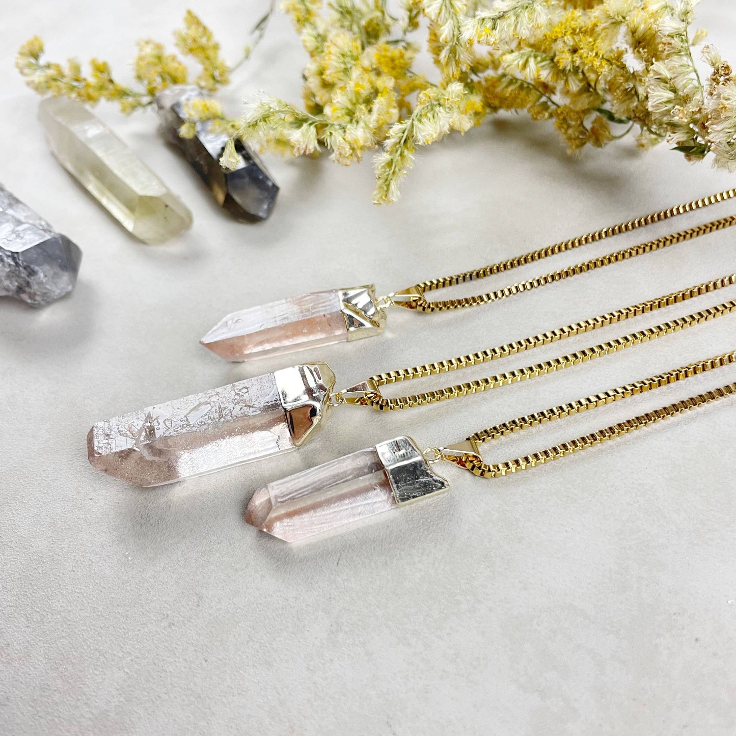 Gold Pink Lemurian Quartz Point Necklace
