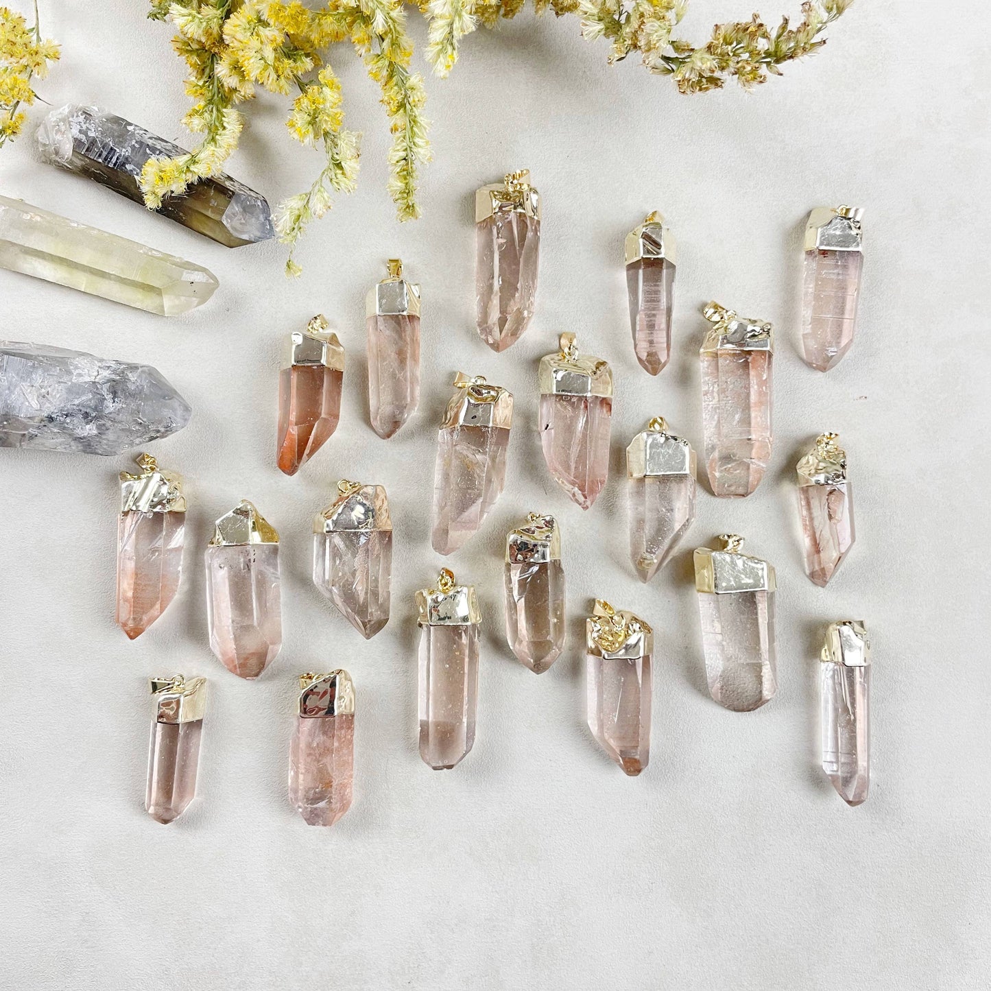 Gold Pink Lemurian Quartz Point Necklace