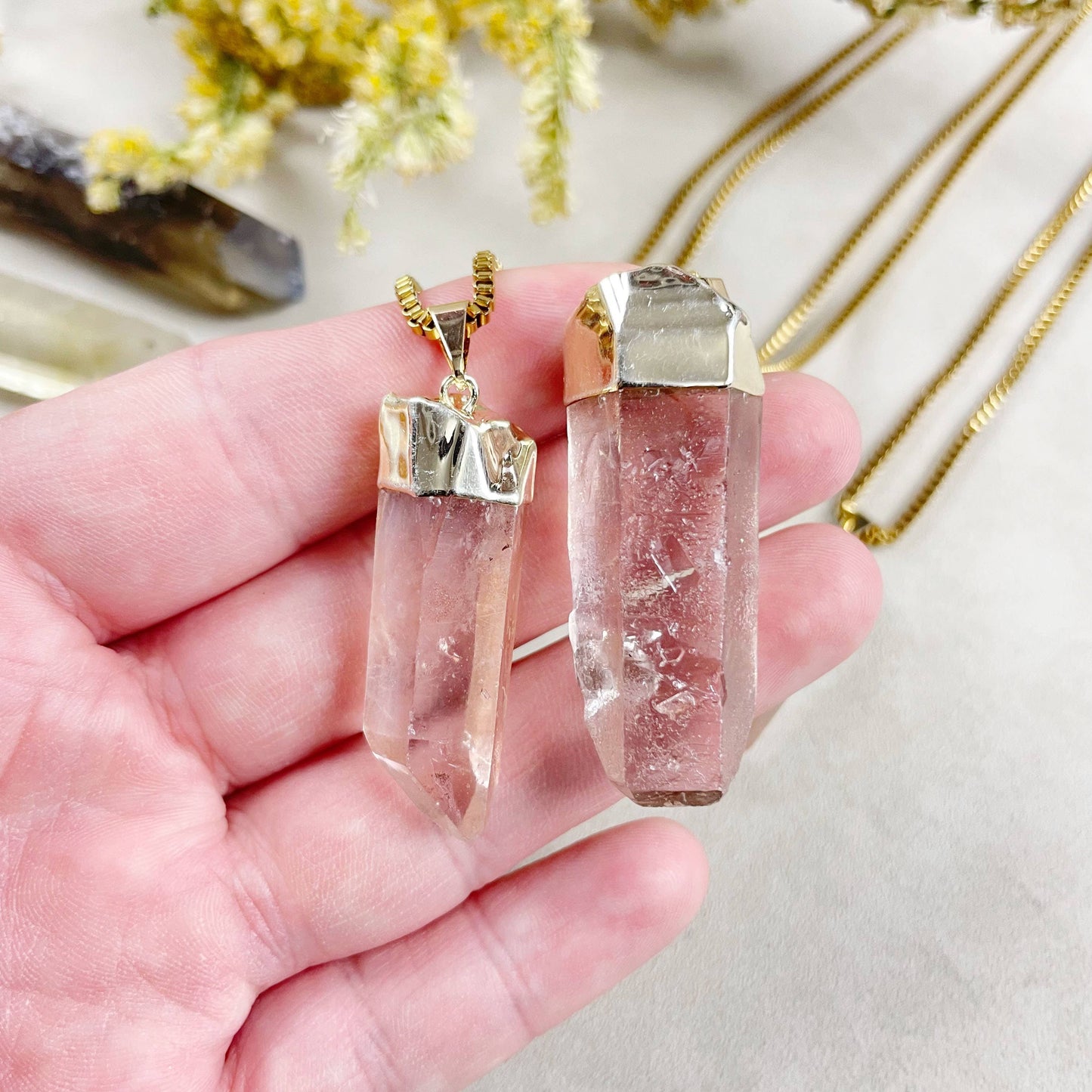 Gold Pink Lemurian Quartz Point Necklace