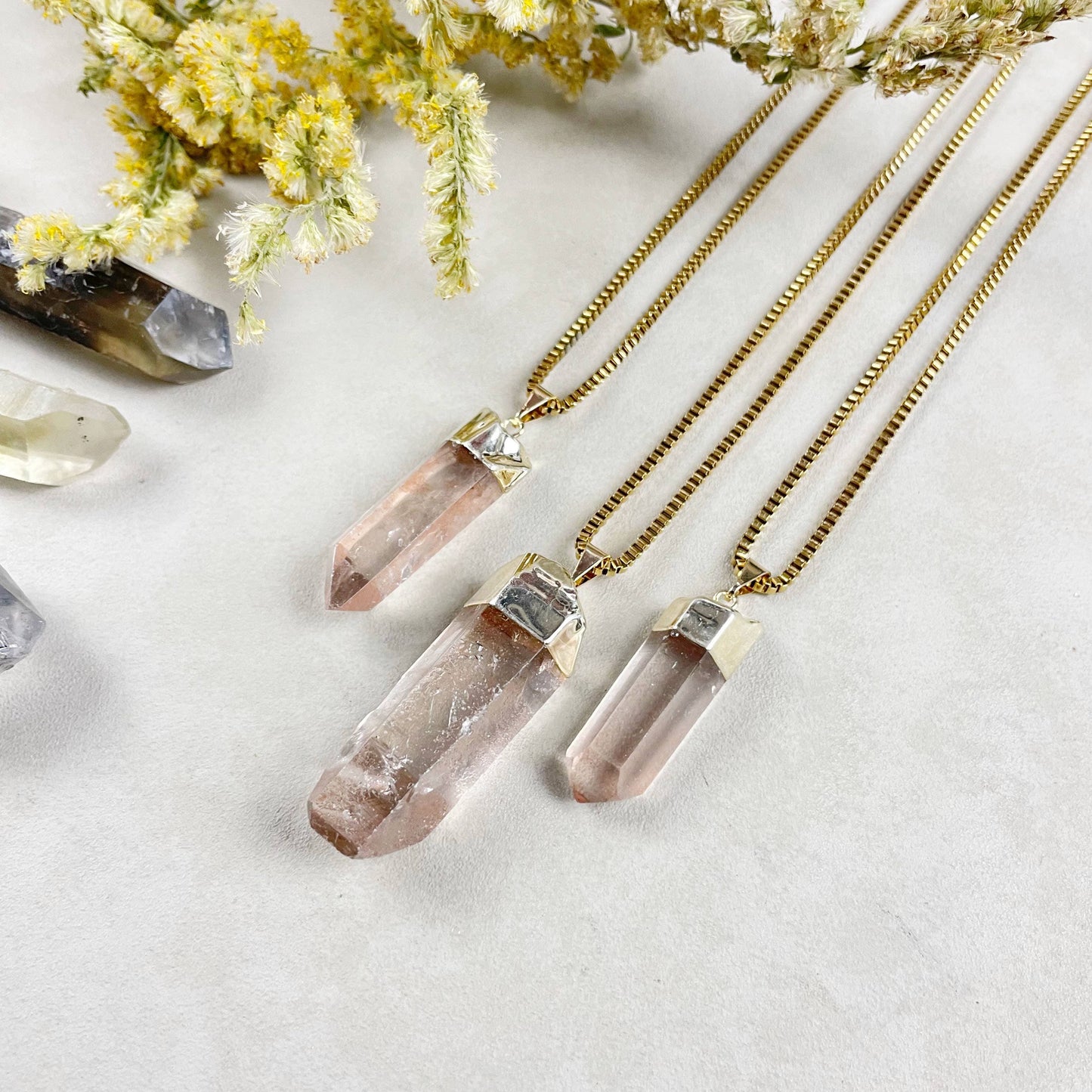 Gold Pink Lemurian Quartz Point Necklace