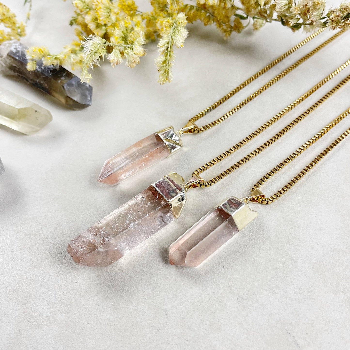 Gold Pink Lemurian Quartz Point Necklace