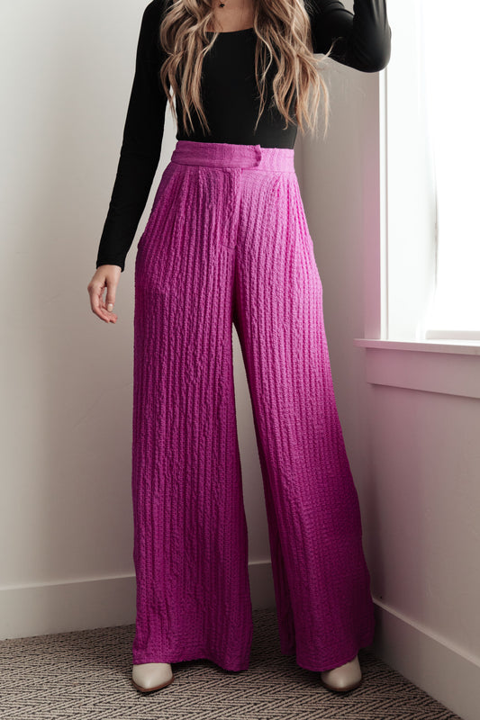Davi & Dani Crinkle Wide Leg Pants in Hot Pink