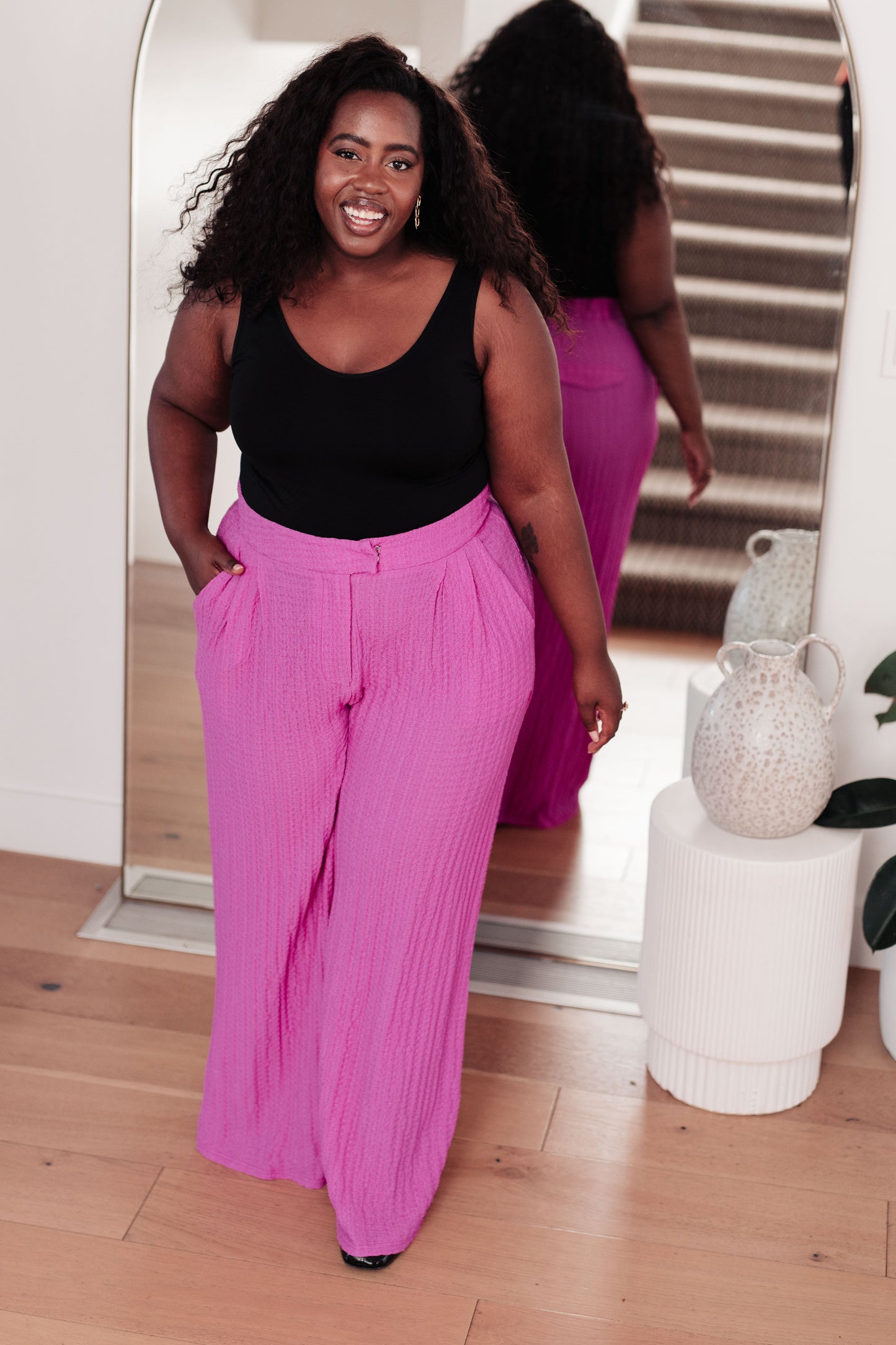 Davi & Dani Crinkle Wide Leg Pants in Hot Pink